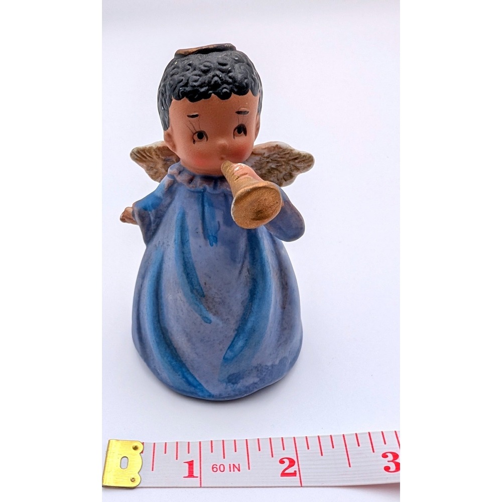 Vintage Ceramic Angel Bell Figurine Blue Gown Gold Trumpet Cherub Ornament